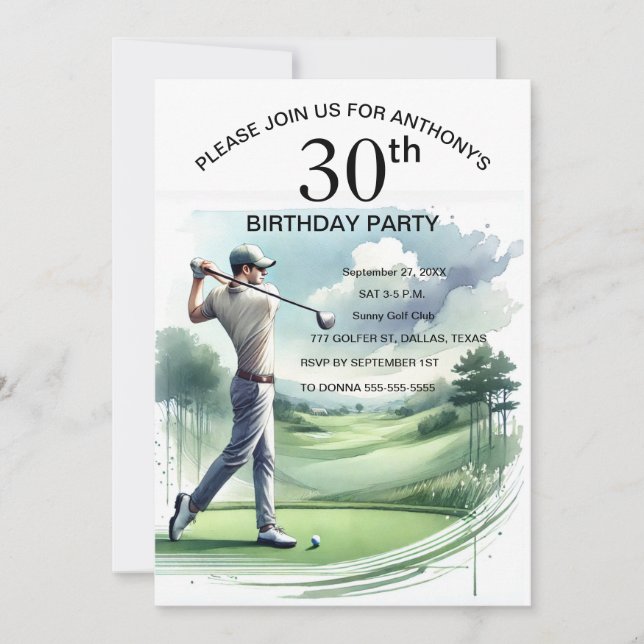 Invitation 30e Anniversaire Fête Golfer Adulte Par Sports Gol (Devant)