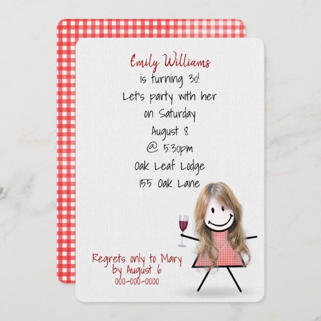 Invitation 30e anniversaire Fille avec vin (Devant / Derrière)
