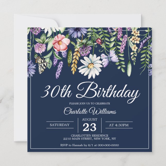 Invitation 30e anniversaire Fleur sauvage Marine Bleue Femme  (Devant)