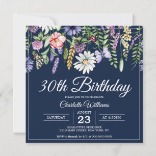 Invitation 30e anniversaire Fleur sauvage Marine Bleue Femme 