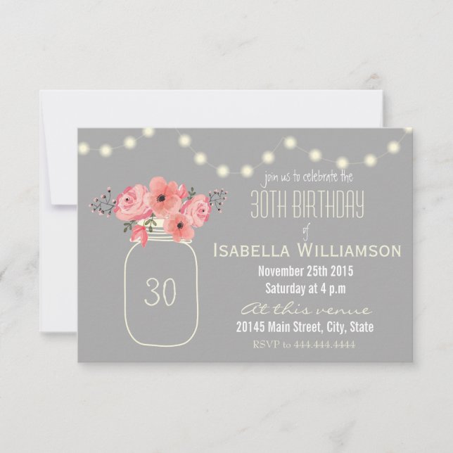 Invitation 30e anniversaire Fleurs d'aquarelle rose et Mason  (Devant)