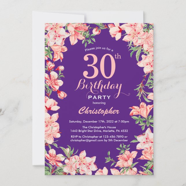 Invitation 30e anniversaire Fleurs florales roses violettes v (Devant)
