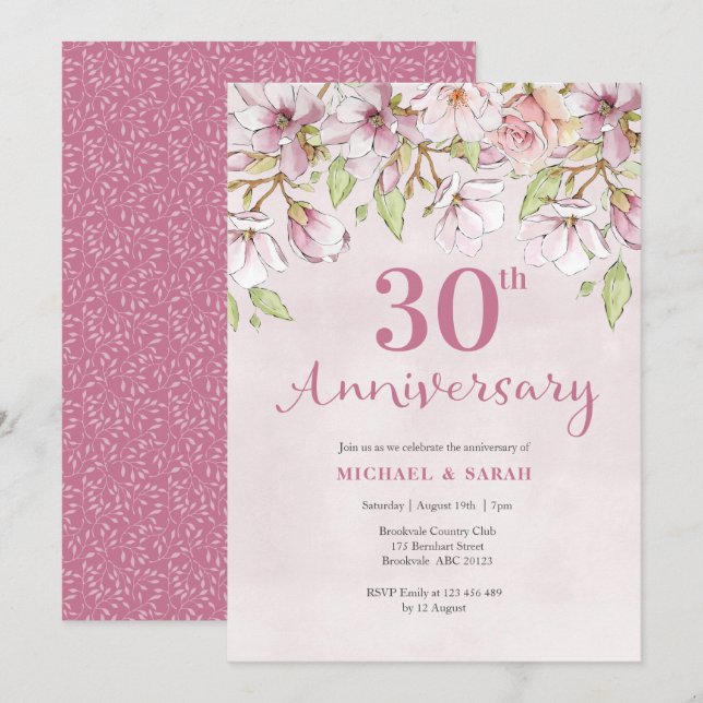 Invitation 30e anniversaire fleurs roses (Devant / Derrière)