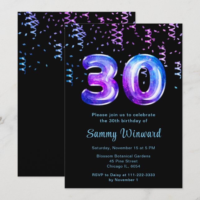 Invitation 30e anniversaire Galaxy Balloons avec Confetti (Devant / Derrière)