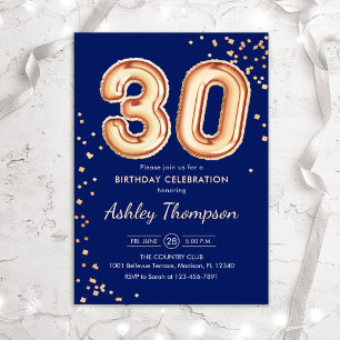 Invitation 30e anniversaire - Gold Balloons Navy