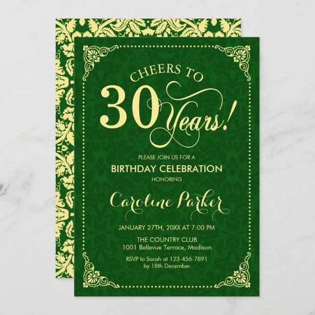 Invitation 30e anniversaire - Gold Green Damask (Devant / Derrière)