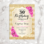 Invitation 30e anniversaire - Gold Stripes rose Roses Invitat<br><div class="desc">Invitation du 30e anniversaire. Design élégant en or et rose. Comprend des bandes d'or de parties scintillant faux,  des roses roses roses stylisées police et confetti. Parfait pour une fête d'anniversaire glam.</div>