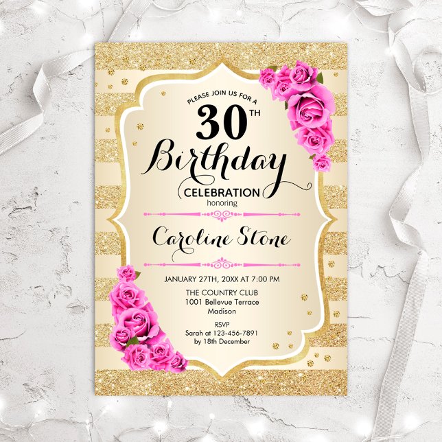 Invitation 30e anniversaire - Gold Stripes rose Roses Invitat (Créateur téléchargé)