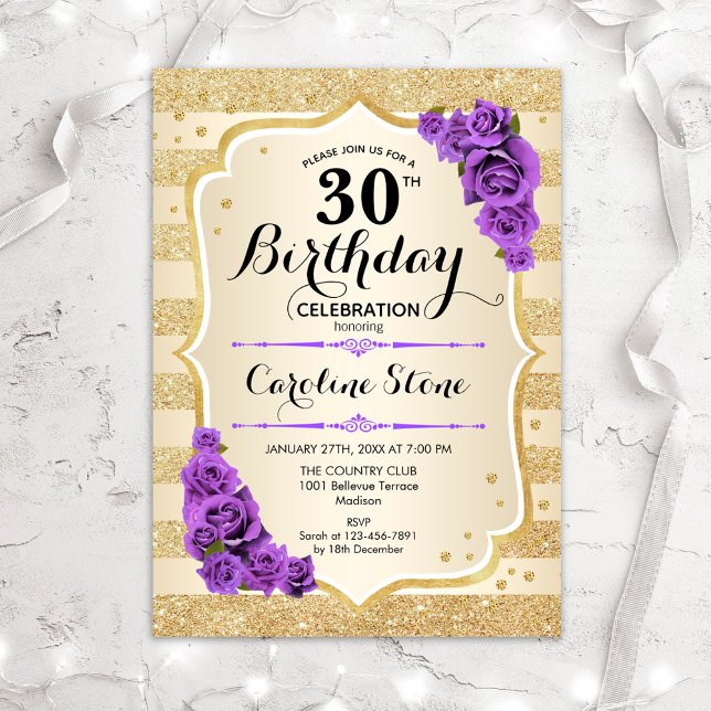 Invitation 30e anniversaire - Gold Stripes Roses violets (Créateur téléchargé)