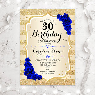 Invitation 30e anniversaire - Gold Stripes Royal Blue Roses