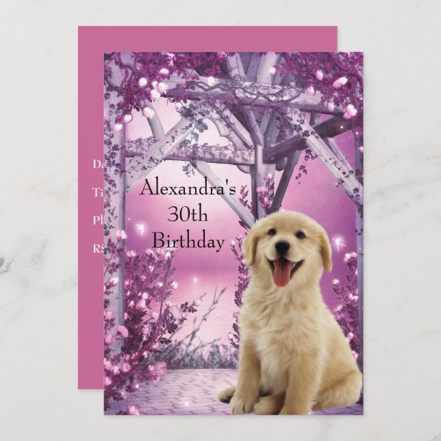 Invitation 30e anniversaire Golden Retriever Winter Pink (Devant / Derrière)