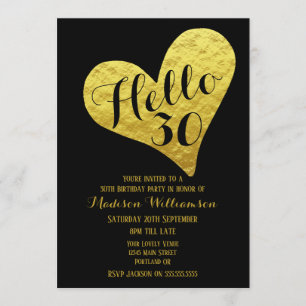 Invitation 30e anniversaire Hello 30 Black and Faux Gold Hear