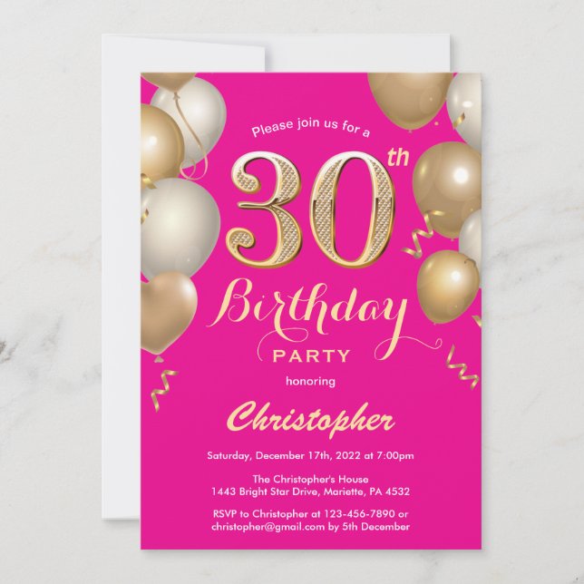 Invitation 30e anniversaire Hot Pink et Gold Balloons Confett (Devant)