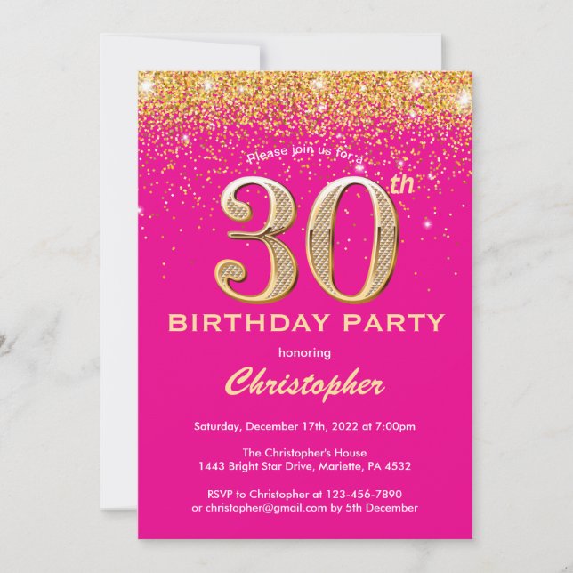Invitation 30e anniversaire Hot rose et Parties scintillant o (Devant)