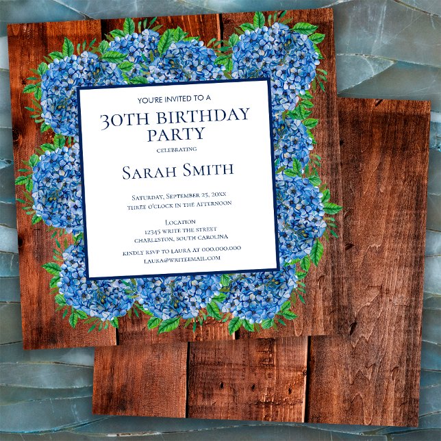 Invitation 30e Anniversaire Hydrangeas Bleu Bois Fête Rustiqu (Créateur téléchargé)