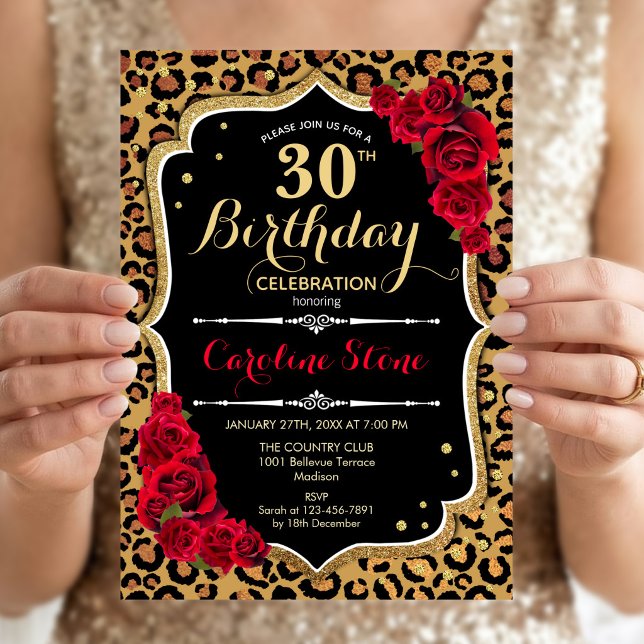 Invitation 30e Anniversaire - Impression léopard Roses Rouges (Créateur téléchargé)