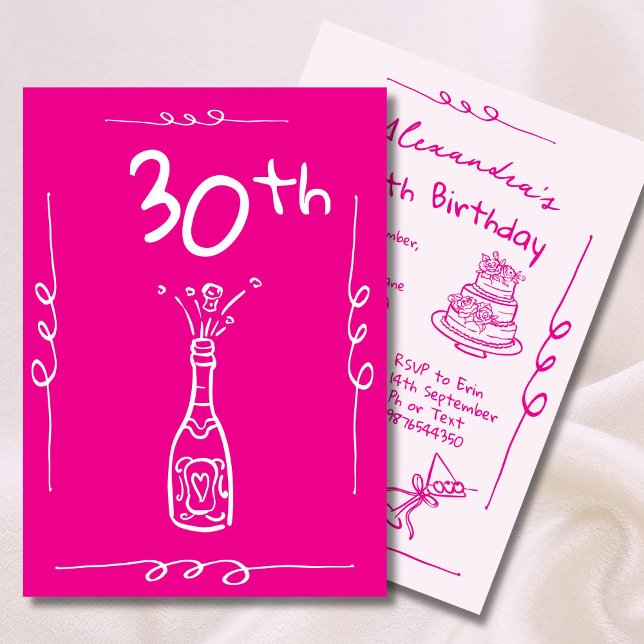 Invitation 30e anniversaire main tiré rose Whimsical (Créateur téléchargé)