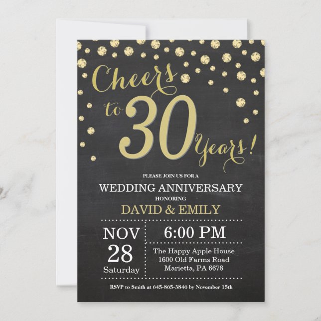 Invitation 30e anniversaire Mariage Chalkboard noir et or (Devant)
