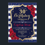 Invitation 30e anniversaire - Marine White Stripes et Red Ros<br><div class="desc">30th Birthday Invitation Elégant design bleu marine blanc avec fausse parties scintillant. Bandes de marine et de blanc avec roses rouges. Parfait pour une fête d'anniversaire élégante.</div>