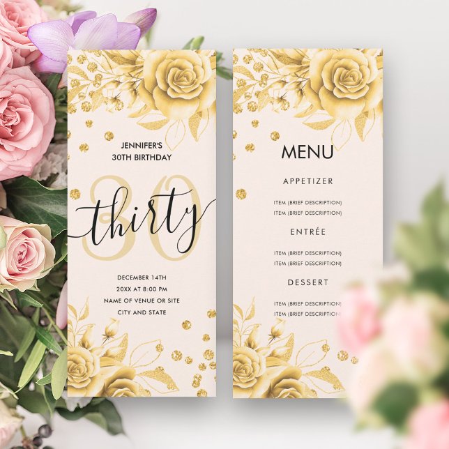 Invitation 30e anniversaire Menu Gold Floral Parties scintill (30th Birthday Menu Gold Floral Glitter Invitation)