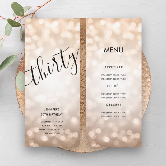 Invitation 30e anniversaire Menu Rose Gold Parties scintillan (30th Birthday Menu Rose Gold Glitter Lights Invitation)