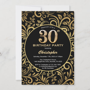 Invitation 30e anniversaire Modèle floral noir et or