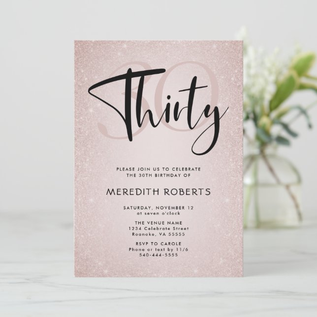 Invitation 30e anniversaire Modern Script Rose Gold Party (Debout devant)