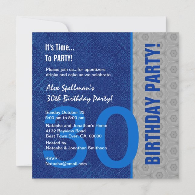 Invitation 30e anniversaire Moderne Bleu et Argent (Devant)