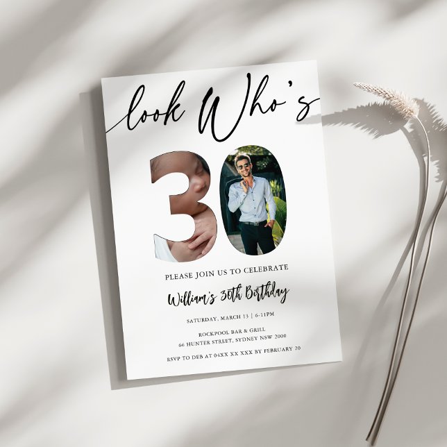Invitation 30e anniversaire moderne - Regardez qui a 30 ans ! (Look Who’s 30! Modern 30th Birthday invitation for Him – 2 Photo Custom Party invitation)
