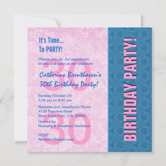 Invitation 30e anniversaire moderne rose et bleu B330 (Devant)