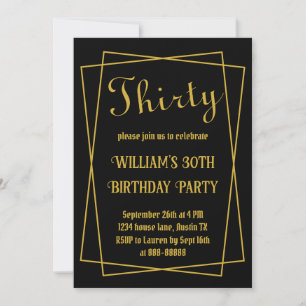 Invitation 30e anniversaire Moderne Simple Noir et Or Minimal