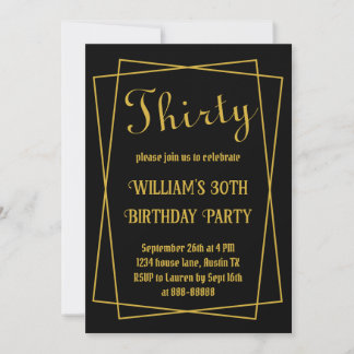 Invitation 30e anniversaire Moderne Simple Noir et Or Minimal