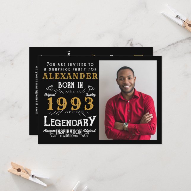 Invitation 30e anniversaire Né 1993 Black Gold Retro Photo (Devant/Arrière en situation)