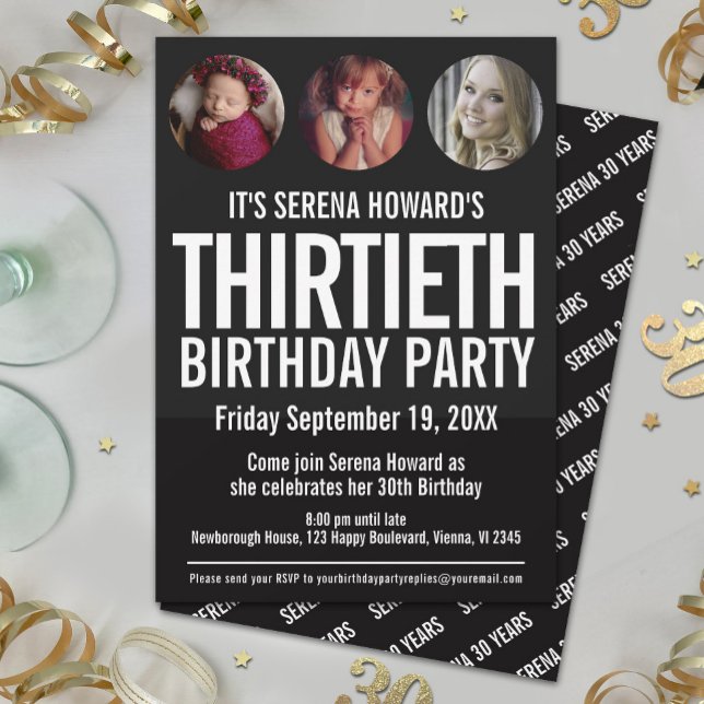 Invitation 30e anniversaire noir blanc cercles photo Invitati (Créateur téléchargé)