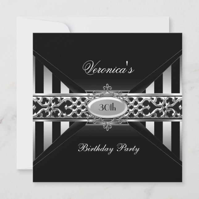Invitation 30e Anniversaire Noir Blanc Rayure Argent (Devant)