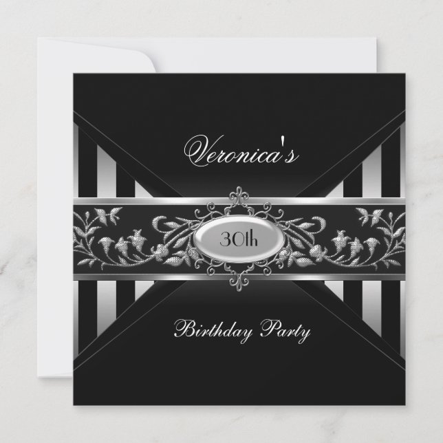 Invitation 30e Anniversaire Noir Blanc Rayure Fleur Argentée (Devant)