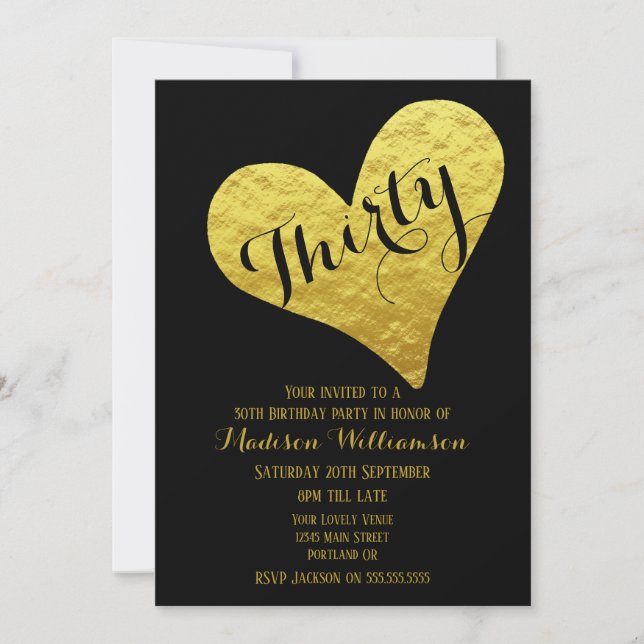 Invitation 30e anniversaire Noir et Faux Or Coeur (Devant)