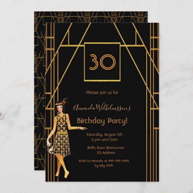 Invitation 30e anniversaire or noir 1920's art déco (Devant / Derrière)