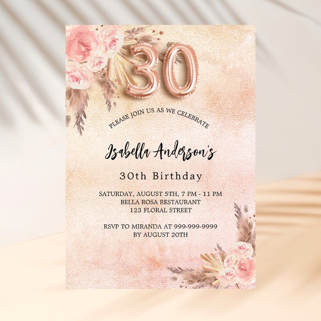 Invitation 30e anniversaire pampas herbe rose or fleurie luxe (Créateur téléchargé)