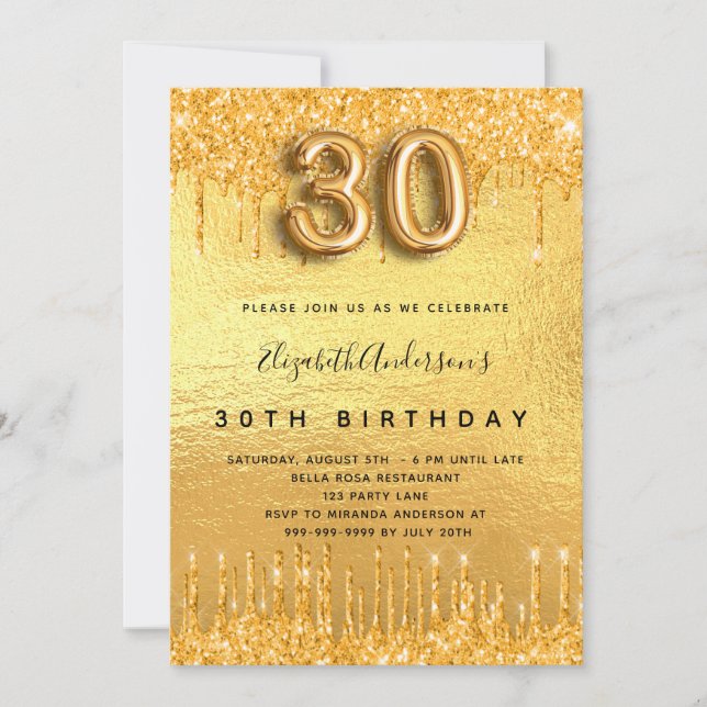 Invitation 30e anniversaire parties scintillant or gouttes (Devant)