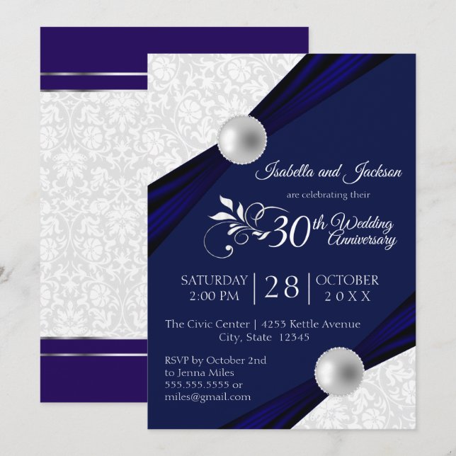 Invitation 30e anniversaire Pearl Design - Marine et Blanc (Devant / Derrière)