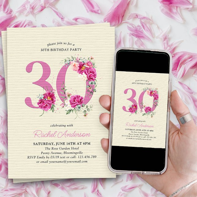 Invitation 30e anniversaire Peony rose Floral Numéro 30 (30th Birthday Invitation with pink floral number 30 - elegant vintage design with roses and peonies)