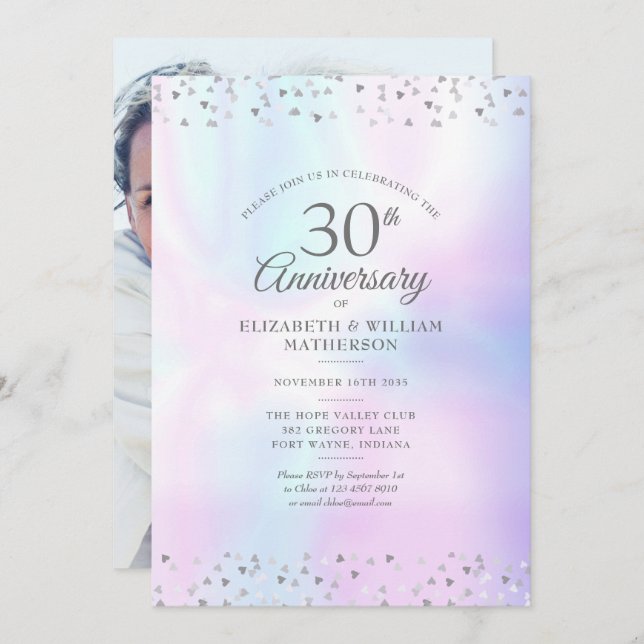Invitation 30e anniversaire Photo Pearl Hearts Confetti (Devant / Derrière)