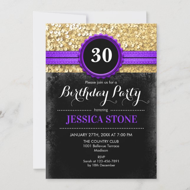 Invitation 30e anniversaire - Purple Black Gold - TOUTE ANNÉE (Devant)
