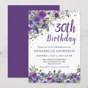 Invitation 30e anniversaire Purple Floral Gold Confetti Dots