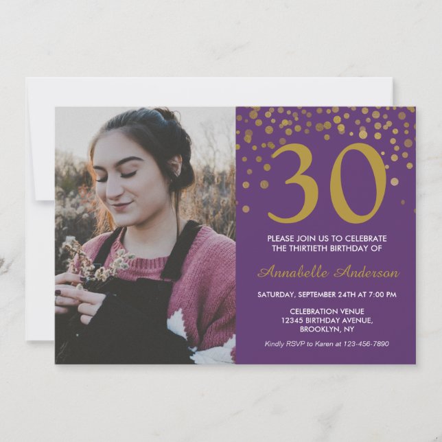 Invitation 30e anniversaire Purple Gold Confetti Photo modern (Devant)