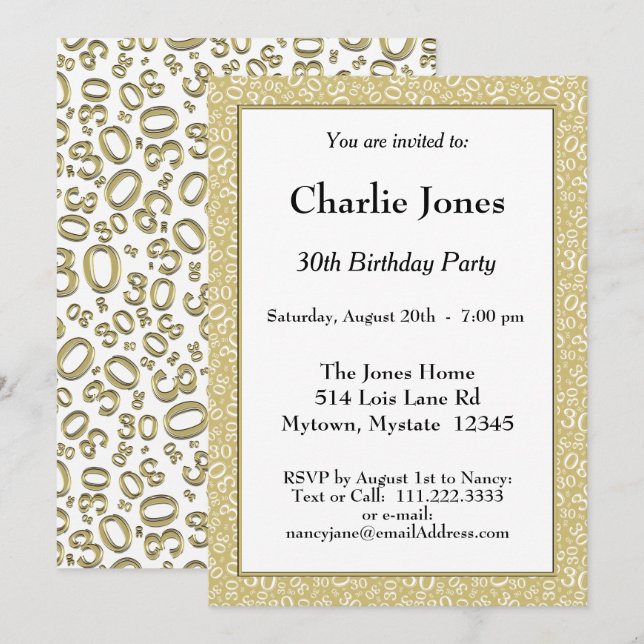 Invitation 30e anniversaire Random Number Motif Gold/White (Devant / Derrière)