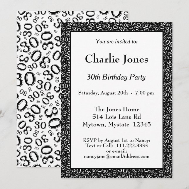 Invitation 30e anniversaire Random Number Motif noir/blanc (Devant / Derrière)