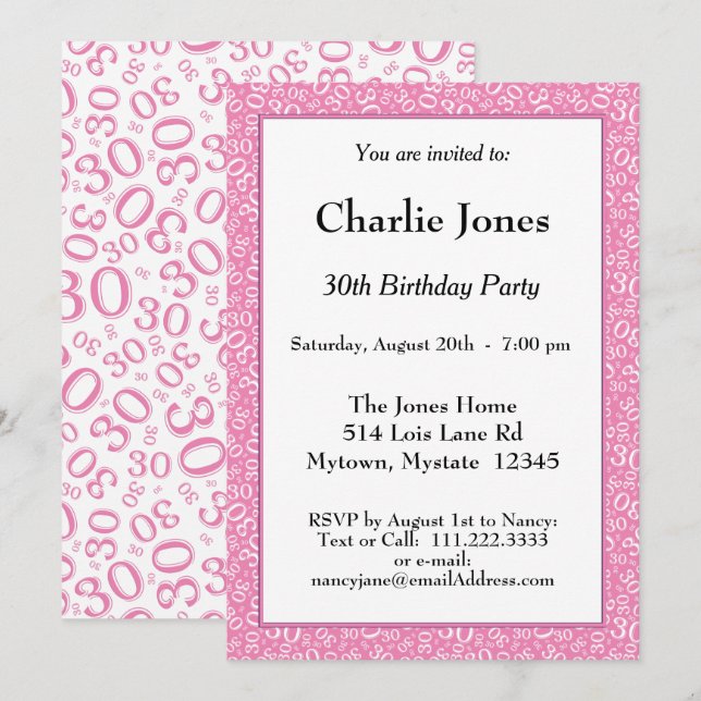 Invitation 30e anniversaire Random Number Motif rose/blanc (Devant / Derrière)