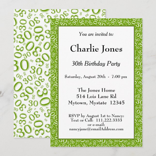 Invitation 30e anniversaire Random Number Motif Vert/Blanc (Devant / Derrière)